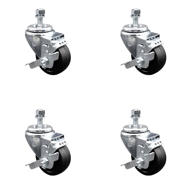 Service Caster 3 Inch SS Soft Rubber Wheel Swivel 1/2 Inch Threaded Stem Caster Set Brake SCC SCC-SSTS20S314-SRS-TLB-121315-4 - main